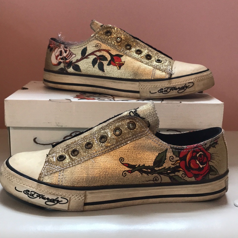 Ed Hardy Gold Skull-Rose Sneakers. Size 10.